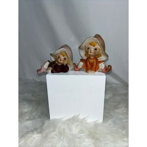 Vintage Homeco Ceramic Elf Figurines Set Pixie Sprites Orange Burgundy Kitsche